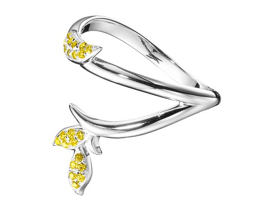Majade Jewelry Design 密釘鑲黃鑽石14k白金結婚戒指 另類植物訂婚戒指 非傳統樹枝戒指