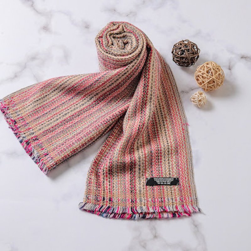 [Narrow Version] Cashmere Wool Scarf Neon Stripe Brown Diamond Pattern Neck Handmade - Knit Scarves & Wraps - Wool Multicolor