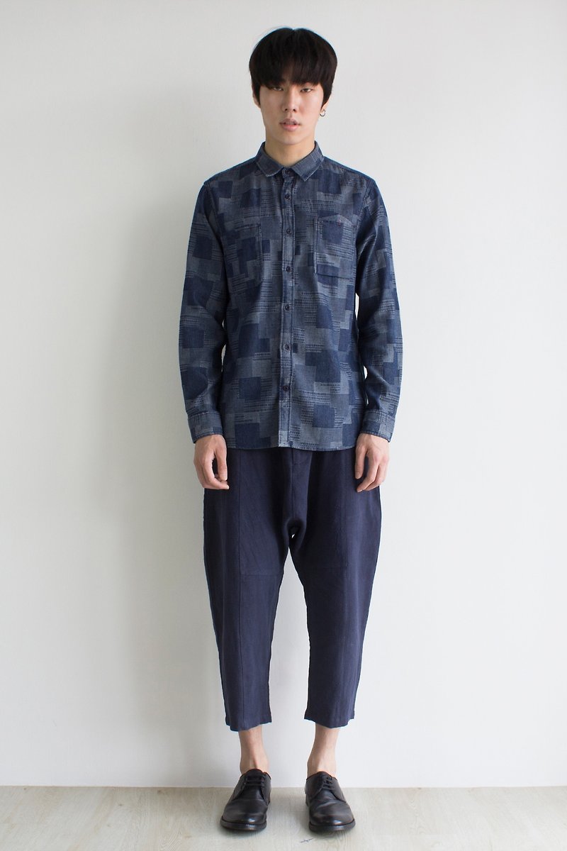 GRAYE Boro Shirt - เสื้อเชิ้ตผู้ชาย - ผ้าฝ้าย/ผ้าลินิน สีน้ำเงิน
