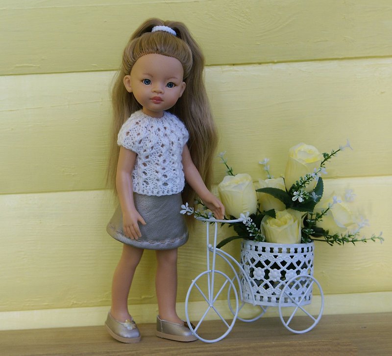 Paola Reina white knit top and bronze skirt, clothes Las Amigas 32 cm 13in doll - 玩偶/公仔 - 棉．麻 卡其色
