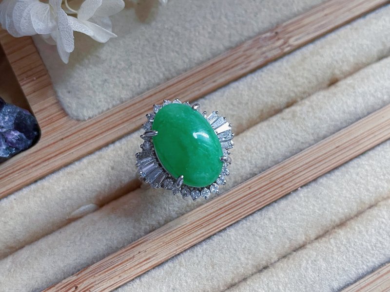 Pt platinum white gold diamond natural Myanmar A jadeite ring - General Rings - Jade Green