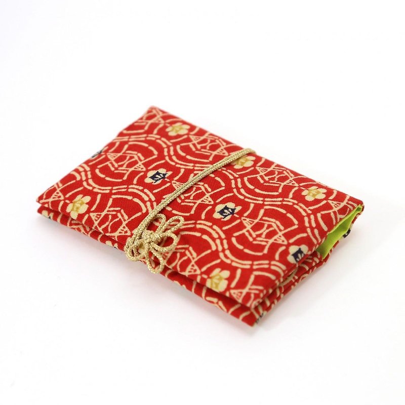 祝　令和　梅文×若苗色　きものカードケース　梅結びの紐付 - 卡片套/卡片盒 - 棉．麻 紅色