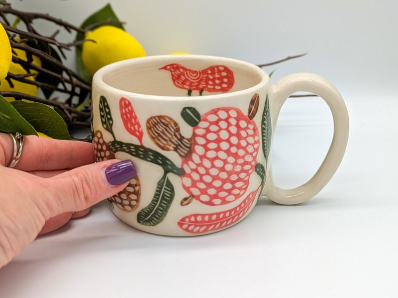 Ceramic Cup 350 ml (11.8 oz) with a Bird Pattern, Handmade Ceramic, Pottery Cup - 杯子 - 黏土 多色