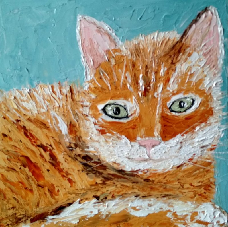 Original oil painting The kitten woke up. 20x20 cm. Unframed. - ตกแต่งผนัง - วัสดุอื่นๆ 