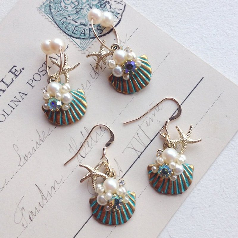 14kgf Vintage Pearl and Shell Charm Earrings OR Nonhorupiasu [ii-389] - Earrings & Clip-ons - Other Metals 