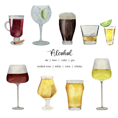 Art and Funny Watercolor Drink Family Print, 24 Drinks Illustration PNG