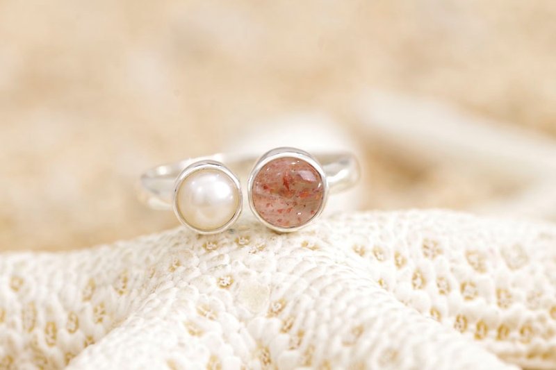 Sunstone and freshwater pearl silver ring - General Rings - Stone Red