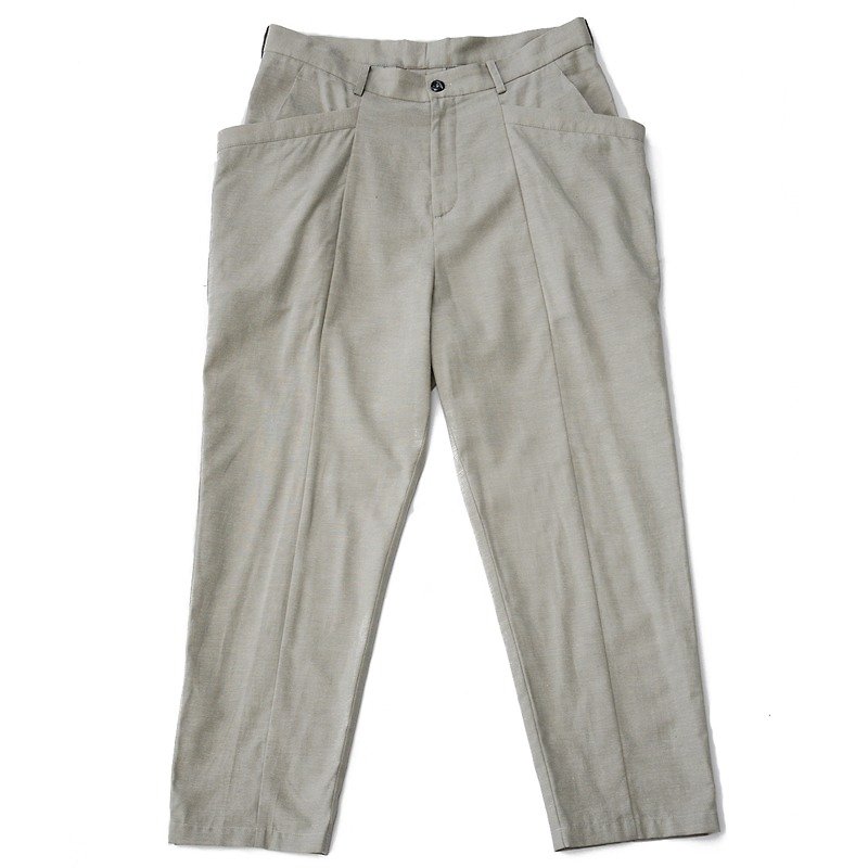 Ankle-length Large Pocket Trousers - กางเกงขายาว - ผ้าฝ้าย/ผ้าลินิน สีกากี