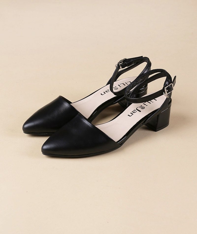 [Early moment] elegant lace-up mid-heel sandals_classic pure black - รองเท้ารัดส้น - หนังแท้ สีดำ