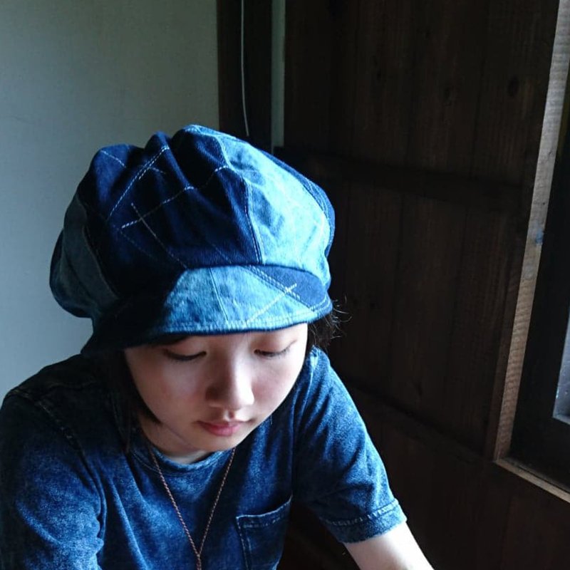【訂製】深藍色系帽子 / 丹寧 / 報童帽 / 古著風格 - 帽子 - 棉．麻 藍色