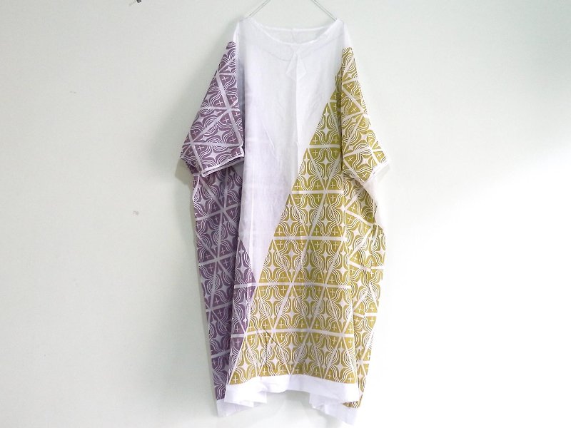 【新色】木版プリント/ビッグシルエットワンピース - 連身裙 - 棉．麻 白色