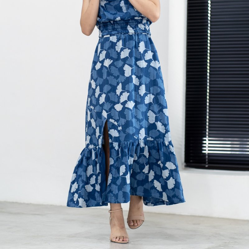 Natural Cotton Skirt Maxi Skirt Summer Long Cotton Skirt - Blue Leaf - 裙子/長裙 - 棉．麻 藍色