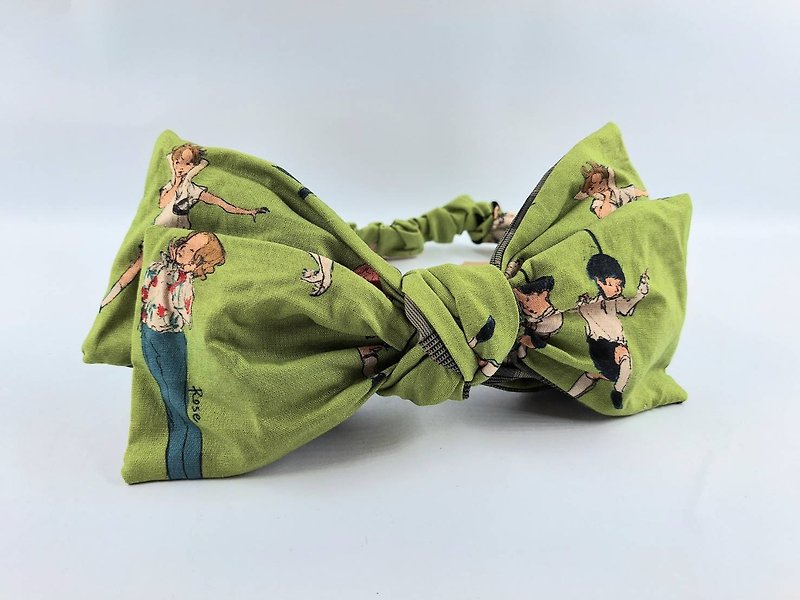 Petitbebetw double-layer double-sided comic little character plaid bow headband - ที่คาดผม - ผ้าฝ้าย/ผ้าลินิน สีเขียว