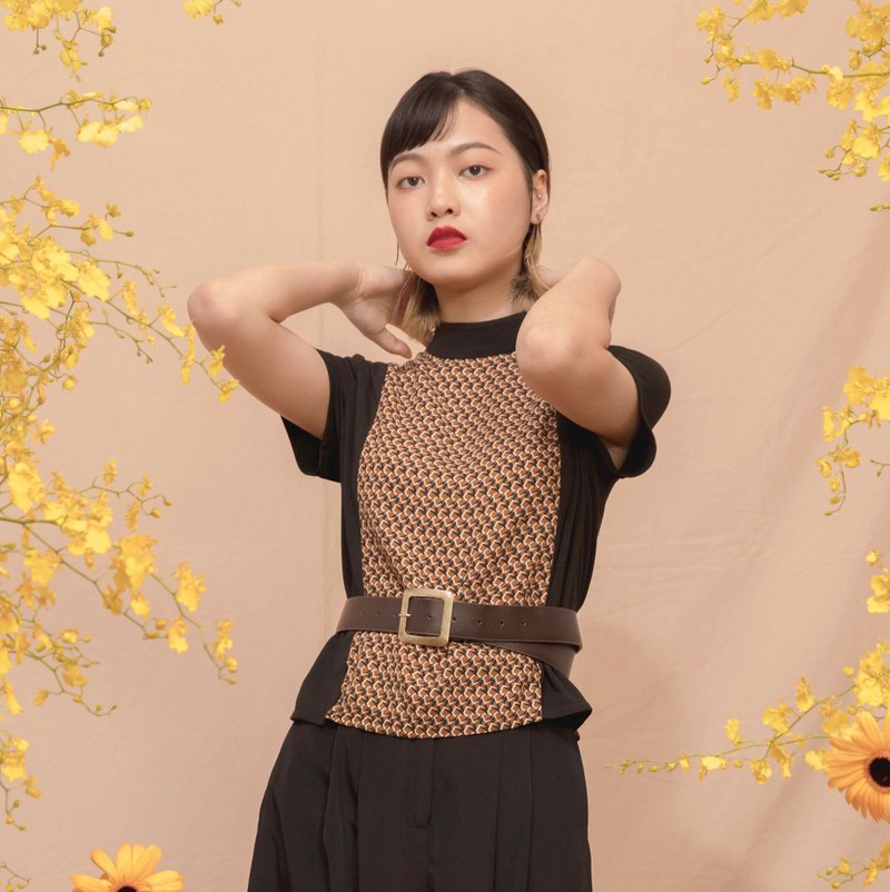 Stand-up collar micro-elastic color matching blouse // Classical Brown - Women's Tops - Polyester Brown