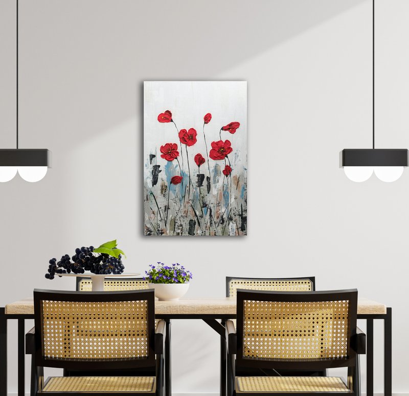 Abstract original painting in light colors from the artist, red poppies on white - 壁貼/牆壁裝飾 - 壓克力 白色