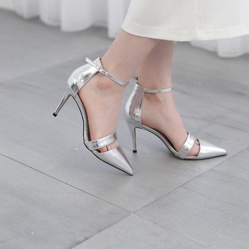 Fine wire around the ankle basket empty leather fine high heels silver - รองเท้ารัดส้น - หนังแท้ สีเงิน