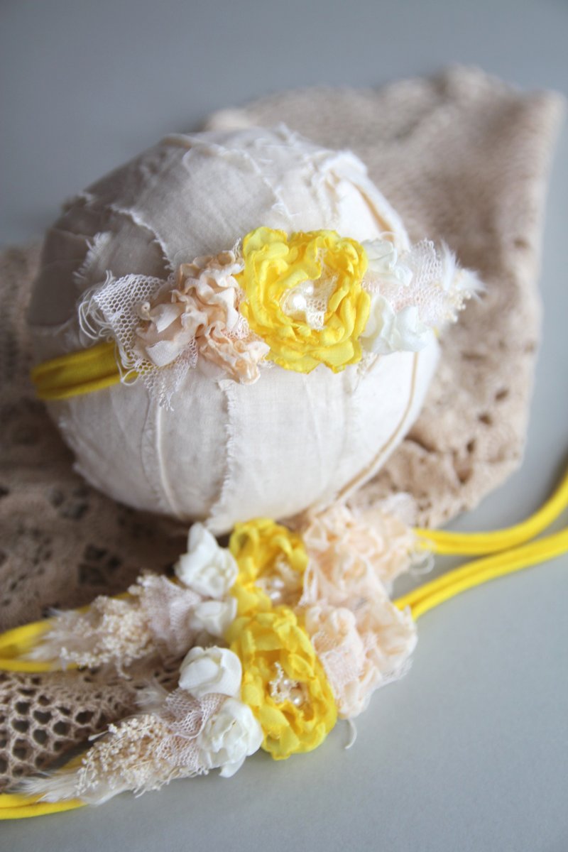 嬰兒頭帶 寶寶頭帶 嬰兒頭飾 頭飾 彌月禮物 彌月頭飾 百日宴頭飾 - 嬰兒帽子/髮帶 - 棉．麻 黃色