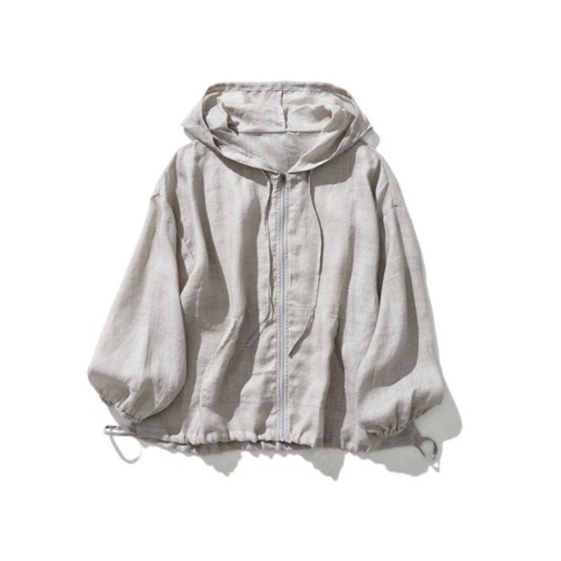 A cool and airy Linen jacket with a hood, light outerwear, light grey 230613-3 - เสื้อผู้หญิง - ผ้าฝ้าย/ผ้าลินิน 