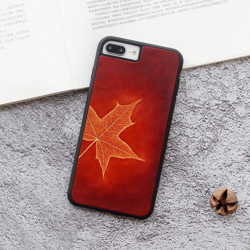 Red brown maple leaf iphone11 pro 7 8 plus x xs max xr leather phone case customization - เคส/ซองมือถือ - หนังแท้ สีนำ้ตาล