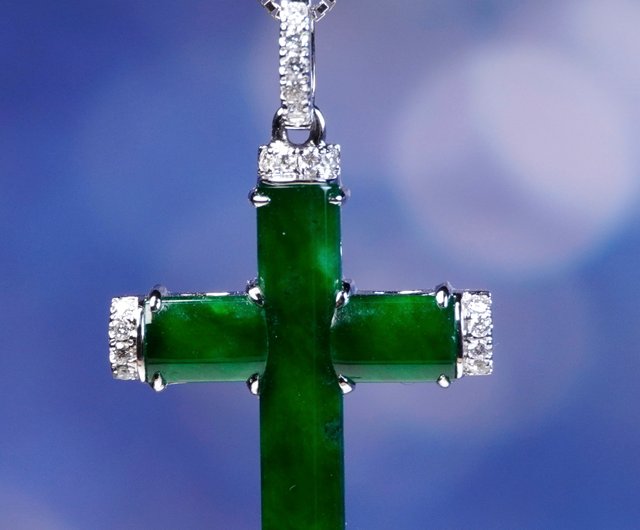 冰種老坑帝王綠翡翠十字架項鍊18K金鑽石| 天然緬甸玉翡翠A貨- 設計館