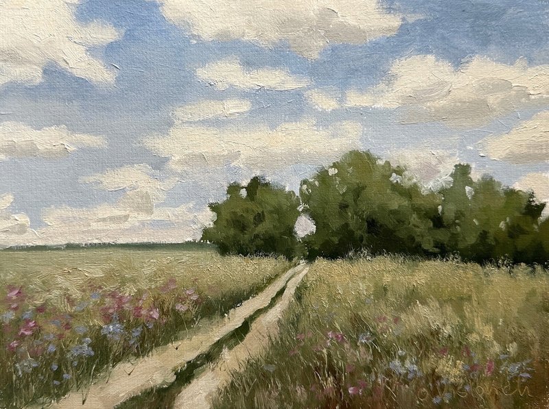 Original Oil Painting Country Road Landscape Country House Decor 6x8 inches - Wall Décor - Other Materials 