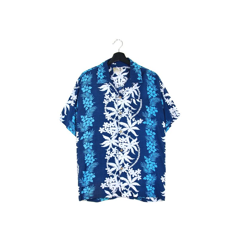 Back to Green:: 深藍底 交錯花卉 //男女皆可穿// vintage Hawaii Shirts (H-17) - 男裝 恤衫 - 棉．麻 