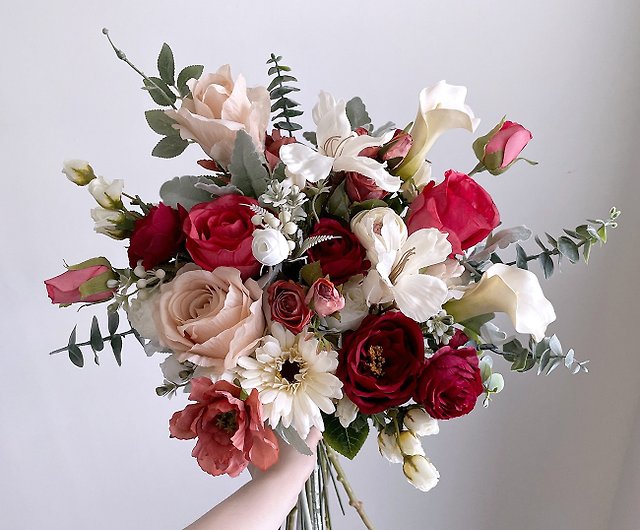 【造花】赤と白のバラ ナチュラルスタイル アメリカン アーティフィシャルフラワー ブーケ-幅40cm