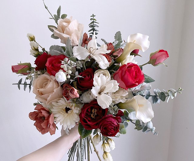 【造花】赤と白のバラ ナチュラルスタイル アメリカン アーティフィシャルフラワー ブーケ-幅40cm