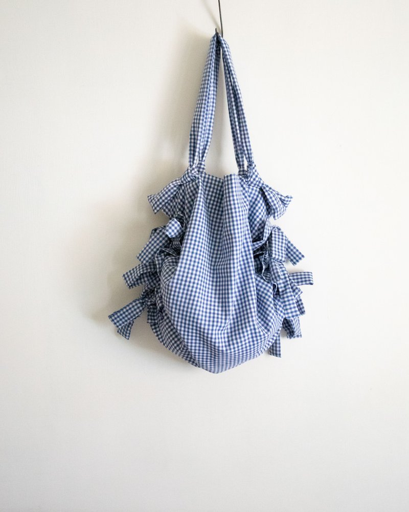 蝴蝶結綁帶托特包 Ribbon Tote (L) | 藍色野餐格紋 - 側背包/斜背包 - 聚酯纖維 藍色