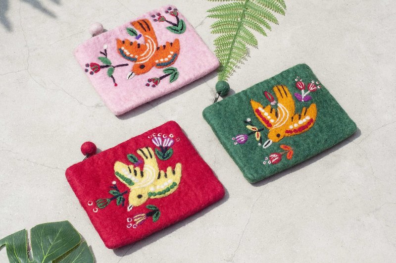 Wool felt storage bag ethnic wind bag leisure card holder mobile phone bag coin purse earphone bag-flowers and birds - Toiletry Bags & Pouches - Wool Multicolor