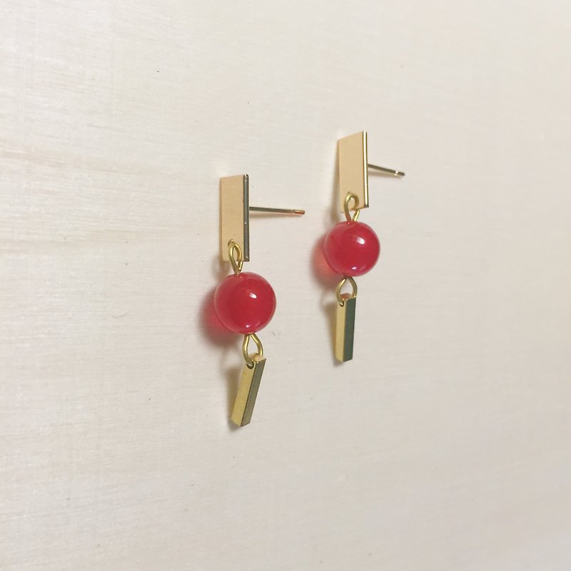 Short red Bronze rod jade earrings - Earrings & Clip-ons - Jade Red