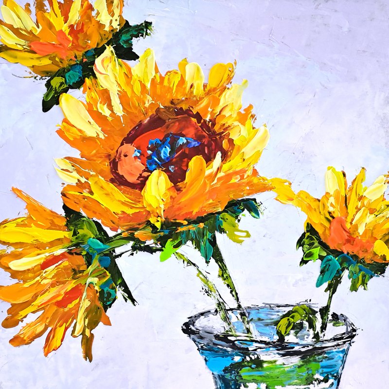 Sunflower Painting Floral Original Art Impasto Flowers Oil Painting Still Life - 海報/掛畫/掛布 - 其他材質 多色