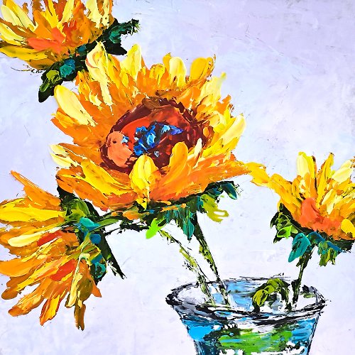 原創藝術 Sunflower Painting Floral Original Art Impasto Flowers Oil Painting Still Life