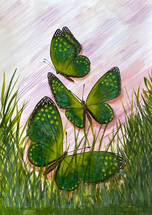 vernissage-VG-galery Green butterflies in the marsh grass. Watercolor.