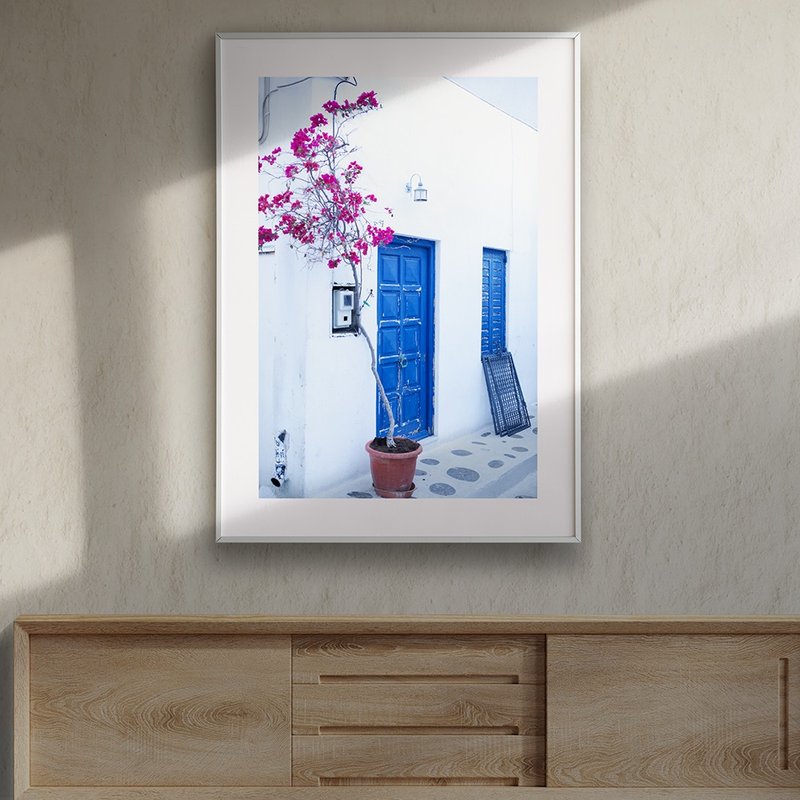 Greek blue/Mykonos corner hanging picture, frameless picture, fashionable black, simple white, various sizes available - Posters - Cotton & Hemp 