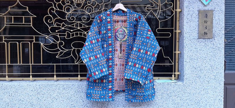 AMIN'S SHINY WORLD Lake blue full version of small ethnic totem jacquard KIMONO - เสื้อโค้ทผู้ชาย - ผ้าฝ้าย/ผ้าลินิน หลากหลายสี