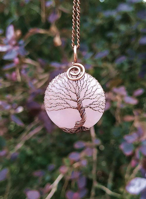DrevoZen Pink Quartz Heart Chakra Necklace, Yoga Healing Pendant, Tree Of Life Talisman