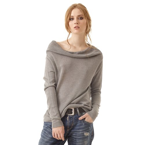 Krista Elsta Off shoulder cashmere sweater, grey one shoulder sweater, off shoulder jumper