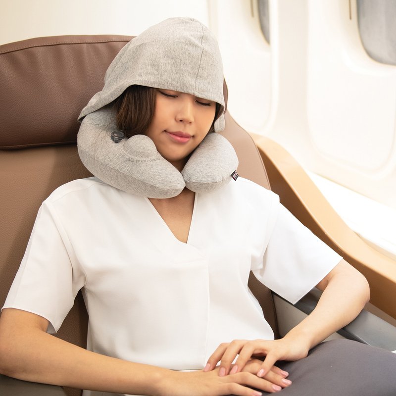 Travelmall Inflatable 3D Neck Pillow with Patented Pump and Foldable Hood - หมอนรองคอ - เส้นใยสังเคราะห์ สีเทา