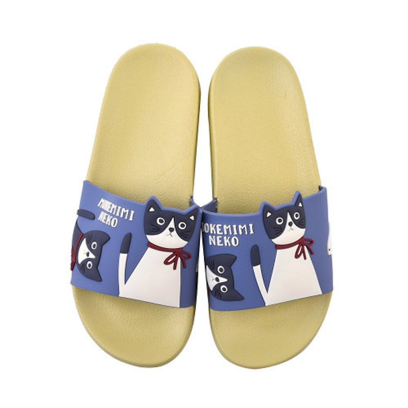 Kusuguru Japanw Waterproof Slippers Glasses Cat Non-Slip Soft Thick Sole Indoor and Outdoor Slippers Blue - รองเท้าแตะในบ้าน - เส้นใยสังเคราะห์ สีน้ำเงิน