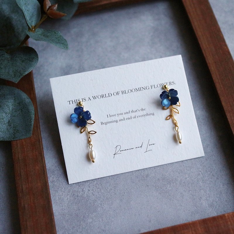 Forest shell flowers, deep sea blue water droplets, pearl branch pendant earrings, elegant temperament - Earrings & Clip-ons - Shell Blue