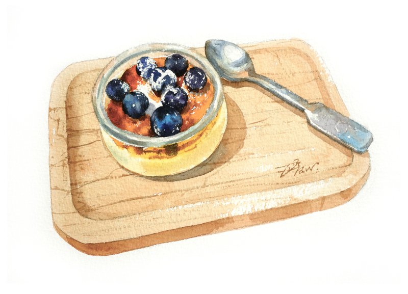 Original watercolor painting [Blueberry Caramel Pudding] - โปสเตอร์ - กระดาษ หลากหลายสี