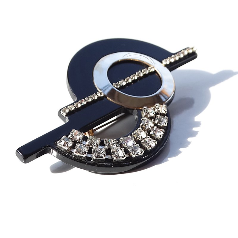 80s Vintage plastic black × rhinestone design modern brooch - 胸針 - 塑膠 黑色