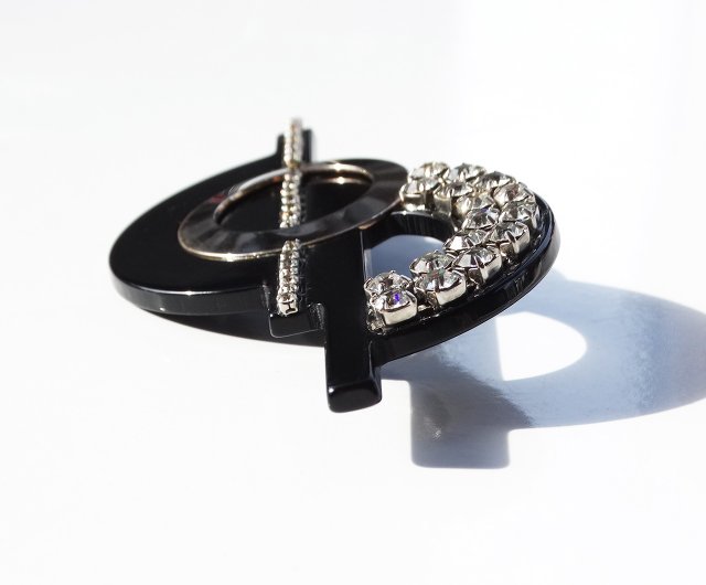 80s Vintage plastic black × rhinestone design modern brooch - Shop 