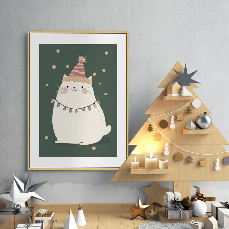 聖誕歡樂小貓(綠色款)-聖誕插畫/聖誕樹裝飾掛畫/聖誕小物 - 海報/掛畫 - 棉．麻 卡其色