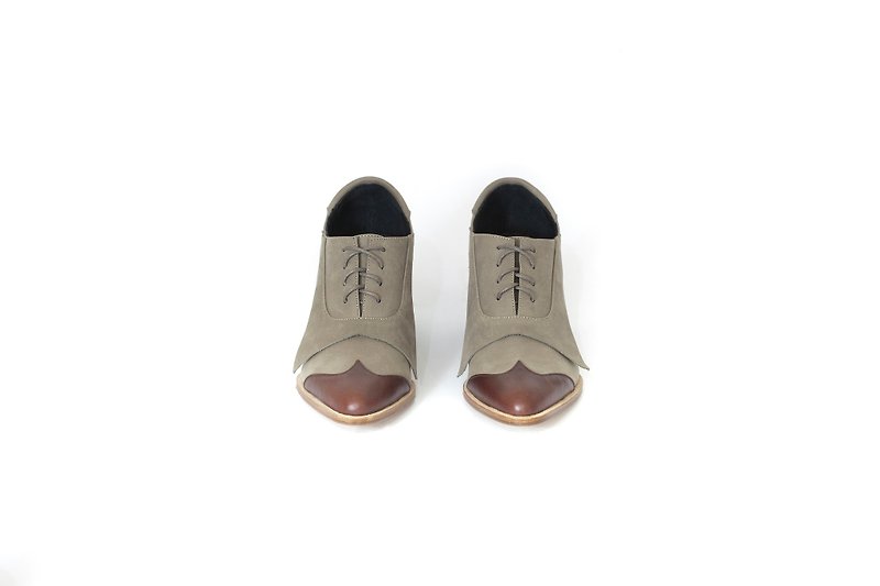 ZOODY / fluttering / handmade shoes / with Oxford bags shoes / khaki + coffee red - รองเท้าบูทสั้นผู้หญิง - หนังแท้ สีกากี