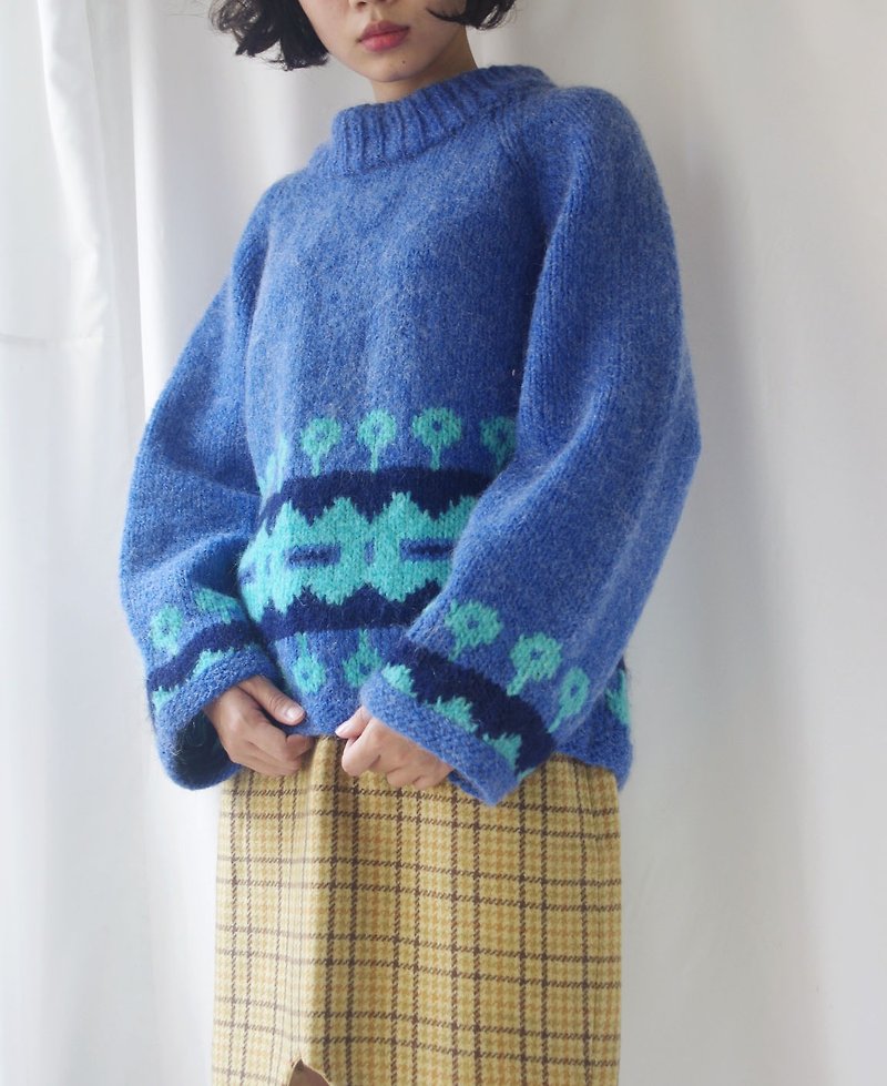 4.5studio- Nordic vintage family hand crocheted sweater light blue flowers - Women's Sweaters - Wool Blue