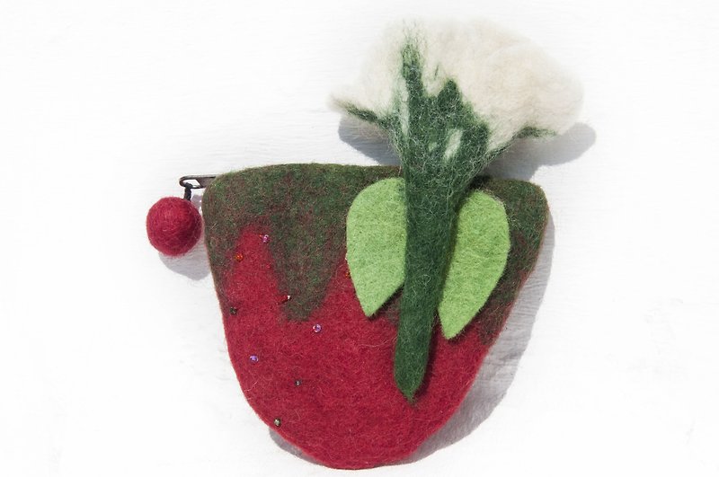Forest Plant Red Green Wool Felt Mobile Phone Pouch/Wool Felt Storage Bag/Change Purse/Travel Card Holder/Wool Felt Wallet Christmas Gift Valentine’s Day Gift Exchange Gift-Strawberry Flower - กระเป๋าเครื่องสำอาง - ขนแกะ หลากหลายสี