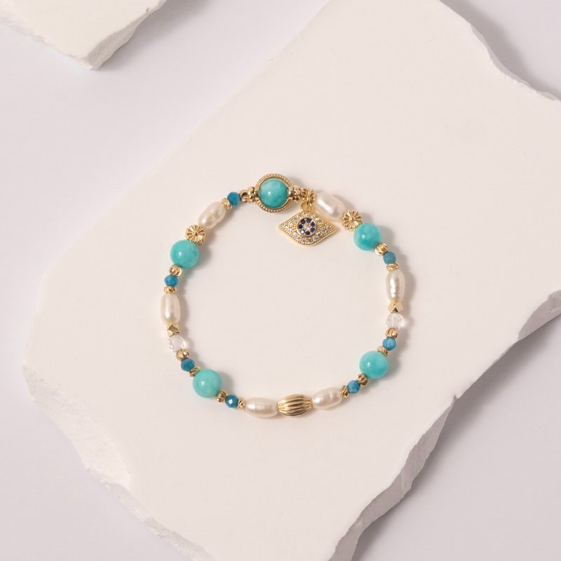 【Exotic Style】Energy Crystal Jewelry | Amazonite & Pearl | Baghdad Moonlit Night - สร้อยข้อมือ - เครื่องเพชรพลอย สีน้ำเงิน