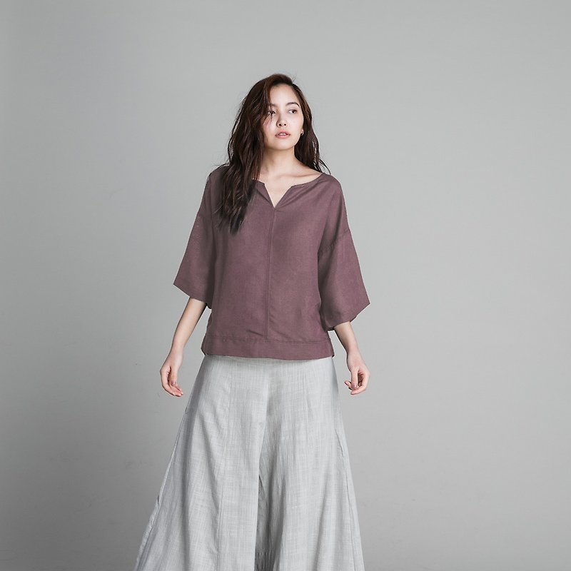 V-collar sleeves sleeves - lotus root - เสื้อผู้หญิง - ผ้าฝ้าย/ผ้าลินิน สีม่วง